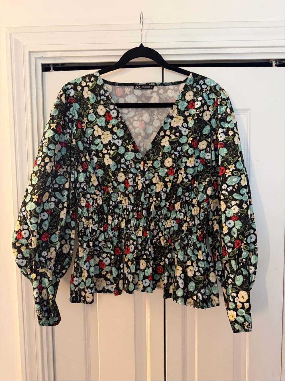 Zara Black Floral V-Neck Peplum Top